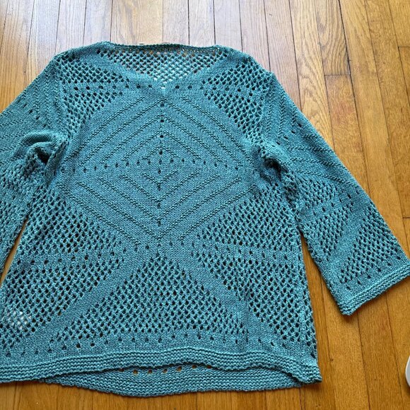 Boho Soft Surroundings Size L NEW Blue Crochet Knit Beachwalk 3/4 Sleeve Sweater - Picture 15 of 16